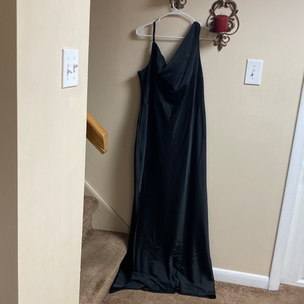 One-Shoulder Black Satin Asymmetrical Gown